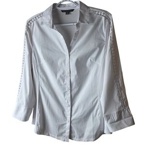 Zac & Rachel M White Button Down Blouse Crochet Lace Inset 3/4 Sleeve Shirt